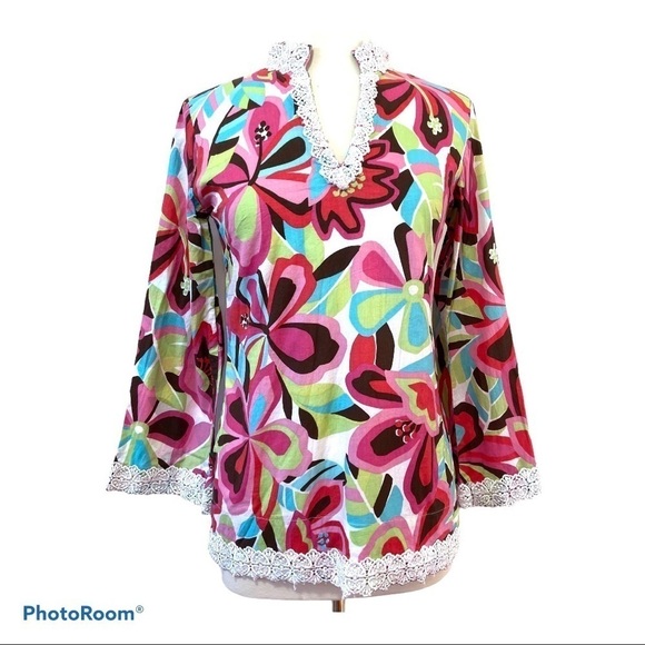 Liza Byrd Beach Cover-up FUNKY GROOVY Floral Tunic Lace Cotton - Picture 3 of 11